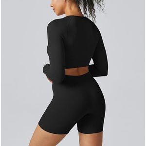 Tenues Shorts Ensembles d'entraînement pour femmes 2 pièces sans couture côtelé Crop Tank taille haute Shorts Tenues de yoga - Product Image 4