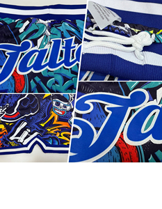 Authentique short de basket-ball personnalisé blanc-royal 3D motif graffiti fermeture à la taille élastique taille moyenne décontracté tricoté respirant - Product Image 6