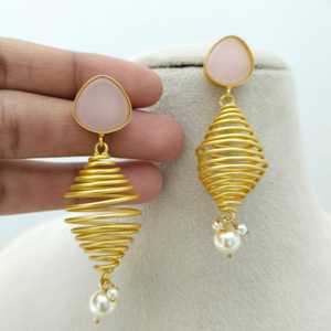 Aqua Spiral Elegance Modern Pattern Bulk Customizable Design Heavy Brass <b>Drop</b> <b>Earrings</b> Oceanic Charm <b>Red</b> Imitation Pearl Ethnic - Product Image 4