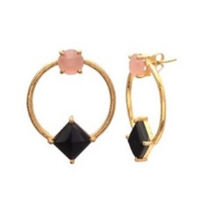 New Arrival Black Onyx & Pink Chalcedony Gemstone 925 Sterling Silver Cushion And Princess Shape Earrings - Product Image 1