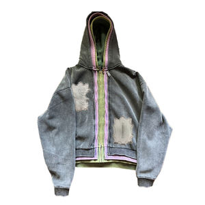 <b>Men's</b> Heavyweight Acid <b>Wash</b> Hoodie Custom Street Style Triple Zip Layer 100% Cotton Digital Printing Solid High Quality Winter - Product Image 6