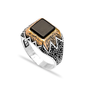Square Shape <b>Onyx</b> Gemstone <b>Black</b> Zircon Stone Design Ottoman Authentic <b>Men's</b> <b>Ring</b> Turkish Handmade Wholesale Silver Jewelry - Product Image 1