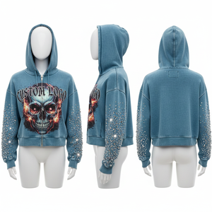 Sudadera con Capucha y Cremallera Personalizada con Pedrería, Estilo Urbano, Lavado Ácido, Felpa Francesa, Corta - Product Image 1