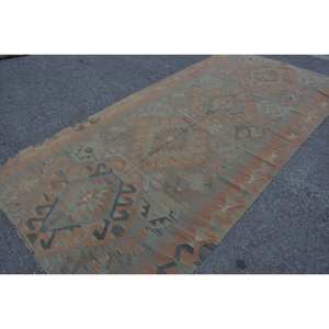 Alfombra de lana verde naranja Kilim, alfombra de tejido plano turco de 5x9 pies, patrón de retazos, decoración de sala de estar con respaldo de látex - Product Image 2