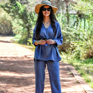 Lin Modal femmes ensemble col en V coupe ample élégant minimaliste usine vente nouveau imprimé vêtements de nuit maison pyjamas femmes ensemble - Product Image 1