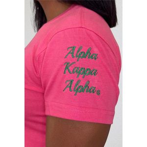 AKA scudo ciniglia t-shirt rosa con stemma verde e oro lettere ricamate abito di confraternita in cotone collegiata greco vita Top - Product Image 5