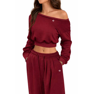 Conjunto de Sudadera Corta con Hombros Descubiertos y Pantalones Anchos de Felpa de Algodón para Mujer, Chándal Informal, Proveedor Mayorista OEM - Product Image 2