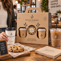 Boîte cadeau personnalisée pour café AT PACK avec poignée |   Ensemble d'emballage à emporter pour 3 tasses avec logo, gobelets à café, emballage pour biscuits et café