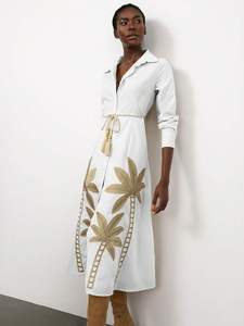 Otoño bohemio Maxi vestido para mujer nuevo 100% algodón elegante largo grande trompeta mangas bordado de flores naturales para vacaciones - Product Image 5