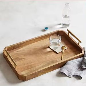 Bandeja de madera de diseño antiguo para servir, tamaño personalizado con asa para servir café en restaurantes, precio al por mayor chapado - Product Image 6