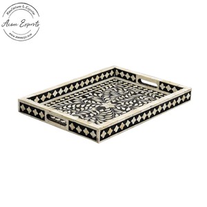 Manufacturer Handcrafted Bone Inlay Serving <b>Tray</b> with Black & White Floral Pattern Used for <b>Table</b> Top Decoration and Serving - Product Image 6