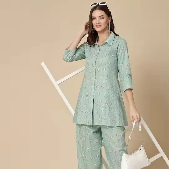 Kualitas super gaya terbaru hijau laut motif bunga Kurta katun murni biasa dengan Palazzo dengan harga grosir pakaian Fashion