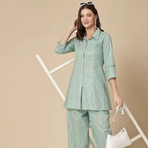 Kurta Palazzos de Verano de Manga Larga, Elegante, de Algodón Puro, con Estampado Floral Verde Mar, Estilo Moderno y de Excelente Calidad - Product Image 1
