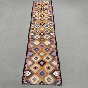 Alfombra Turca Vintage, Alfombra de Pasillo de 2.9x12.1 pies (88x368 cm), Alfombra de Lana con Parches Naranjas - Product Image 1