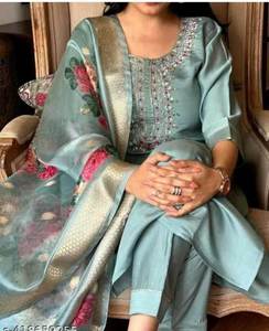 Heavy Viscose Roman Silk <b>Fabric</b> O Neck Style Hand Crated Mirror Work Knee Length South <b>Indian</b> Kurti / Kurta Set For Women Wear - Product Image 5