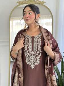Nueva colección Kurta Set de mujer Viscosa Chanderi con bordado Trabajo Pakistaní Kurti Set de proveedor indio - Product Image 3