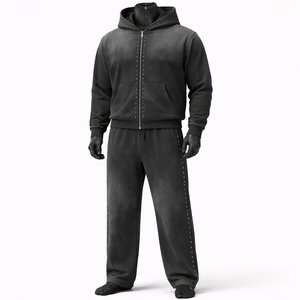 Ensemble de survêtement pour homme en molleton épais noir délavé, style vintage, avec sweat à capuche zippé et pantalon de jogging ample, personnalisable OEM - Product Image 1