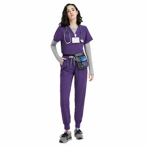 Uniformes de enfermera de verano de tela tejida lavable, conjuntos de Jogger elásticos con cuello en V para hombres y mujeres, uniformes médicos de manga larga para Hospital - Product Image 5