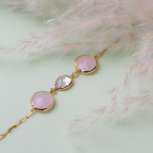 Round Pink Quartz CZ 22K Gold Bezel Silver <b>Chain</b> Bracelet 925 Sterling Silver Handmade Women's Jewelry Gift Party - Product Image 2