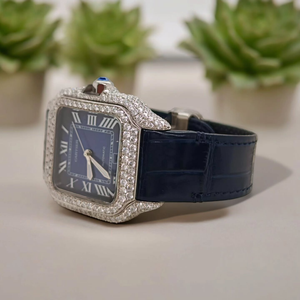 Montre de luxe carrée en diamant, cadran bleu, bracelet en cuir, chronographe à quartz pour homme, design glacé, mode haut de gamme, élégante - Product Image 2