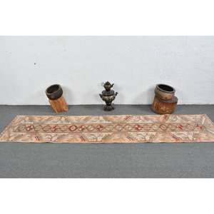 Tapis Turc Vintage Beige Rouge 2X9.5ft Grande Surface Laine Patchwork Design Latex Support pour Couloir Chambre à coucher Chambre Tapis de Chevet - Product Image 3