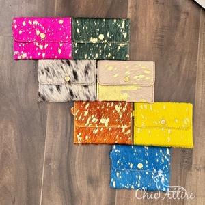 Cartera con llavero de piel de vaca metálica con pelo, Cartera de piel auténtica occidental para tarjetas de crédito, Cartera de piel de color completa para mujer - Product Image 1