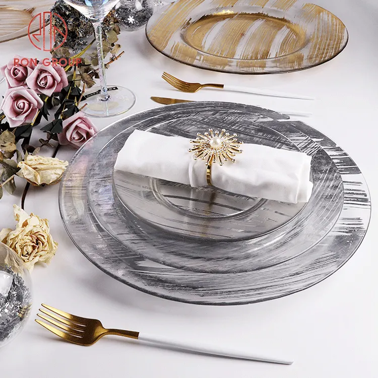 Unit Design Luxury Tableware Wedding Banquet Crystal Decoration Plates Golden Silver Amber Charger Plates Glass