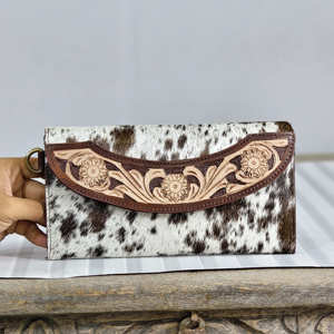 Premium Quality Western Luxury Genuine Cowhide <b>Leather</b> Wallet Floral Hand <b>Tooled</b> Wristlet Long Length Clutch Purse Gift For Her - Product Image 5