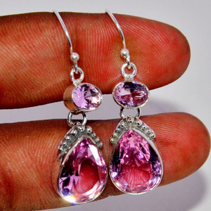 Pendientes con forma de pera de piedras preciosas de cuarzo rosa, Plata de Ley 925 hecha a mano, plata antigua étnica, regalo de estilo cristiano a la moda, esposas - Product Image 2