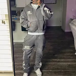 Ropa de calle, trajes de sudor lavados con ácido, sudaderas con capucha y cremallera, conjunto de Chándales, Parche de socorro para lavado ácido, pantalones de chándal acampanados y conjunto de Sudadera con capucha - Product Image 2