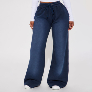 Pantalons de survêtement à jambes larges bleu foncé en gros, coupe décontractée, joggers avec logo personnalisé, pantalons de sport décontractés à taille haute, services OEM - Product Image 1