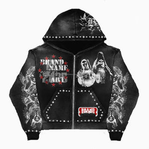 Sweat-shirt à capuche premium 100% coton vintage délavé au soleil, fermeture éclair, streetwear, logo brodé personnalisé, strass, sweat-shirt à capuche premium - Product Image 1