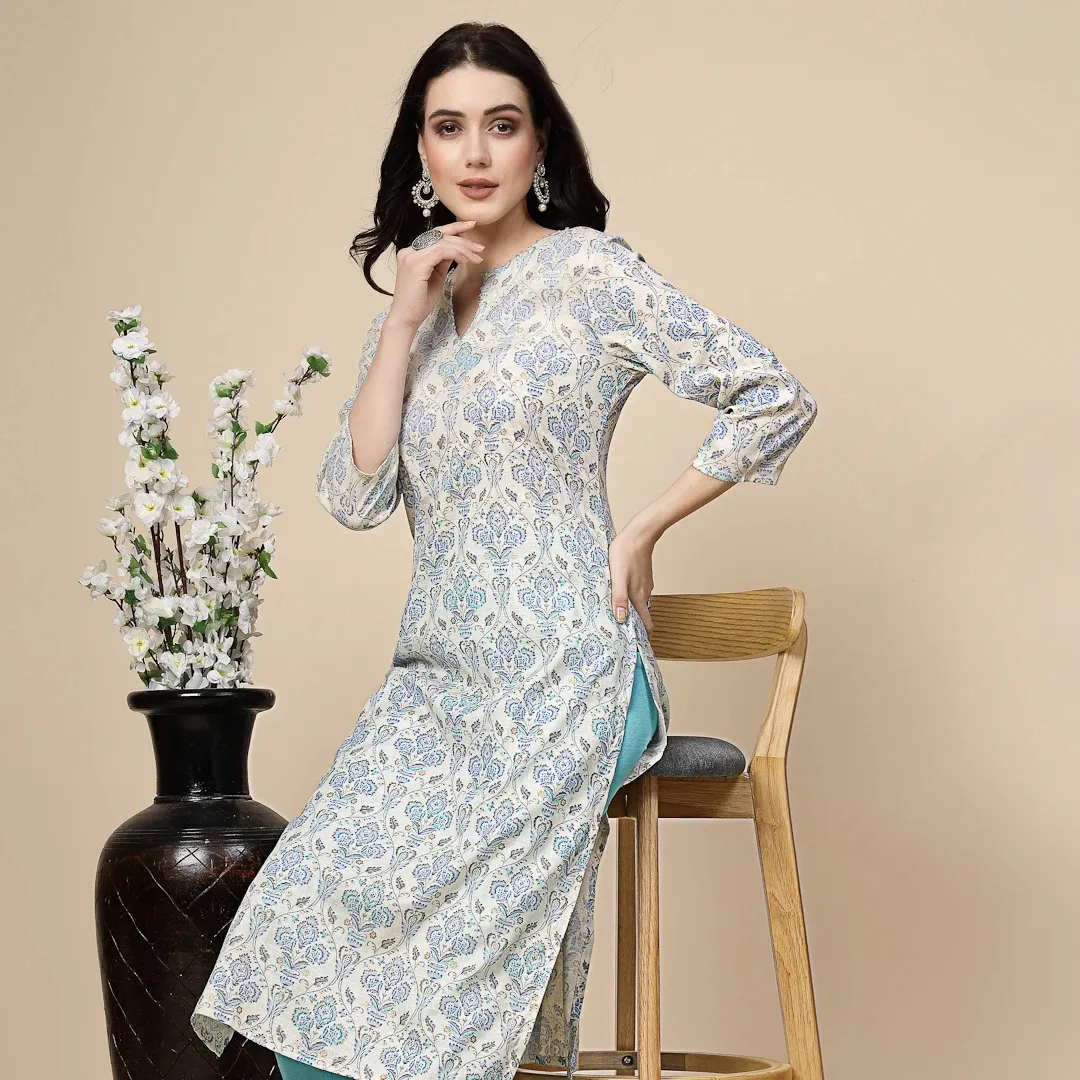 Women's Designer Blue Color Printed Rayon Kurta Pant Set This Elegant Pant Set Office and Regular Wear at Best Wholesale Prices