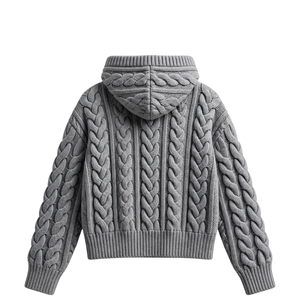 <b>Grey</b> Cable Knit Hoodie for <b>Men</b> Chunky Braided Sweater Hooded Pullover with Ribbed Cuffs Casual Winter Streetwear Knitwear Styles - Product Image 2