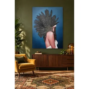 Fida Woman recouverte de plumes noires sur fond bleu, impression sur toile - Product Image 5