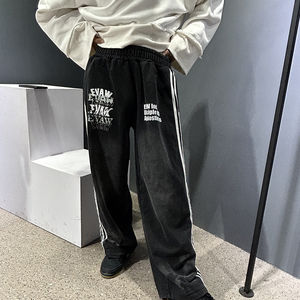 Personalizado de los hombres heavyweigth400 + GSM pantalones de chándal lavado ácido frente impresión suelta recto lado rayado cordón cintura pierna ancha Casual - Product Image 3
