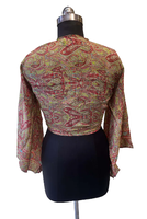 Chemisier modeste en soie Vintage indien fait à la main Boho Hippie Style haut d'été avec manches cloche et court enveloppant devant Beige