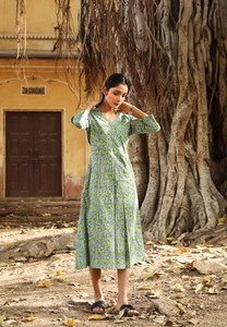 <b>Japanese</b> Lotus Wrap Dress Hand Block <b>Printed</b> Bohemian Green Blue Floral Pure Cotton Casual Occasional Adjustable Waist - Product Image 6