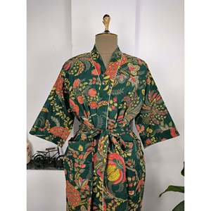 Vestido Maxi de Verano Estilo Boho Hindú, 100% Algodón, Estampado a Mano, Transpirable, Cuello en V, con Flores Verdes, Rojas y Amarillas, Tipo Kimono - Product Image 1