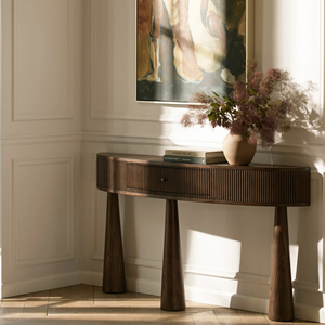 Table console en bois avec tiroir cannelé, table d'entrée en bois massif, table longue minimaliste pour salon et hôtel - Product Image 1