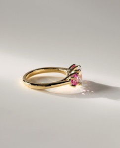 IGI Certified Oval Cut Lab Grown Diamond Three Stone Engagement Ring with <b>Pink</b> Side Stones in 9K Yellow/White & Rose Gold - Product Image 2