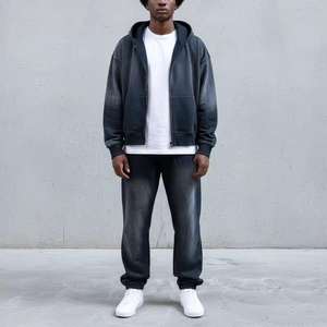 Survêtement pour homme de haute qualité, vintage, délavé à l'acide, coupe ajustée, poches kangourou, fermeture éclair, logo de designer personnalisable, hiver - Product Image 1