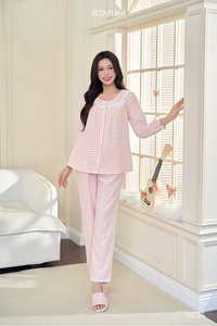 B2 MUM B834 Haut de nuit de maternité à manches longues, col à volants, bordure en dentelle, respirant, extensible, lin, élasthanne/polyester, écologique - Product Image 2