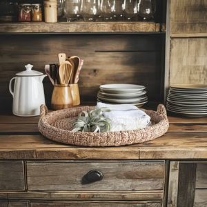 Plateau rond en jonc de mer tressé avec poignées - Organisateur de vanité naturel |   Nettoyage ponctuel uniquement |   Tienphong Vente en Gros 2025 - Product Image 2