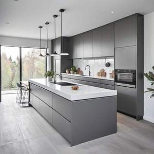 Îlot de cuisine modulaire gris moderne, design de qualité supérieure, finition mate, armoires de cuisine élégantes, meubles pour l'intérieur d'une maison contemporaine - Product Image 3
