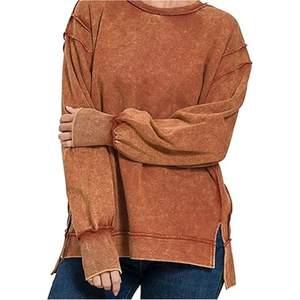 Sweat-shirts oversize pour femmes en molleton de coton lavé d'hiver, panneaux personnalisés, rayures latérales, taille plus, streetwear, fentes latérales, col rond côtelé - Product Image 4