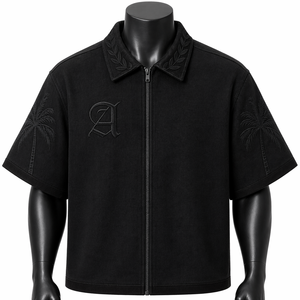 Chemise Homme Vintage Personnalisée à Col Zippé Coupe Oversize Manches Courtes Style Boxy Streetwear Col Brodé Motif Palmier OEM - Product Image 1
