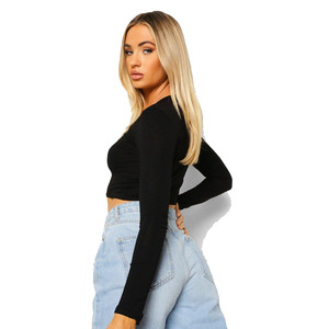 Top court à manches longues en polyester spandex mélangé pour femmes, noir, col carré, disponible dans toutes les couleurs et tailles. - Product Image 2