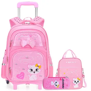 Pink School Bag With Trolly Lunch Box Pencil Bag Kits Sets Girl Loved Kitty Printing Design Cute Style