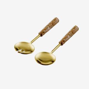 Premium Design Ceramic Handle <b>Gold</b> Plated Spoon Fork Salad Server Set Stainless Steel Designer Silver Salad Server - Product Image 2